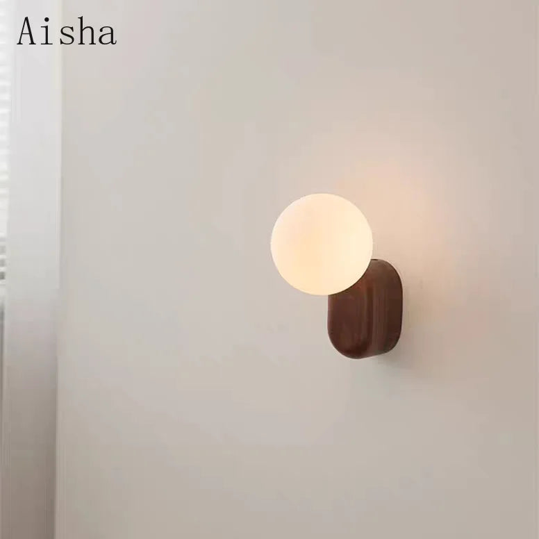 Spherical Glass Walnut Wood Modern Wabi-Sabi Minimalist Style Wall Sconce Light for Living Room Dining Room Bedroom Study