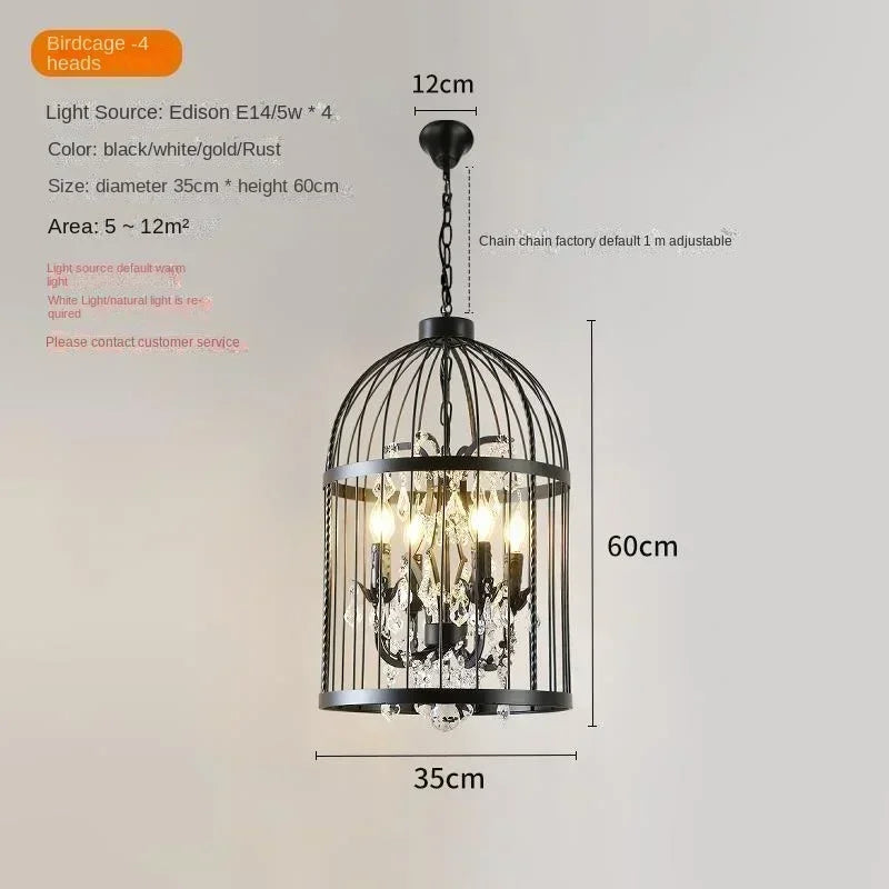 American Retro Birdcage Iron Crystal Led Pendant Lamp Restaurant Living Room Coffee Shop Creative Chandelier Home Decor Lighting