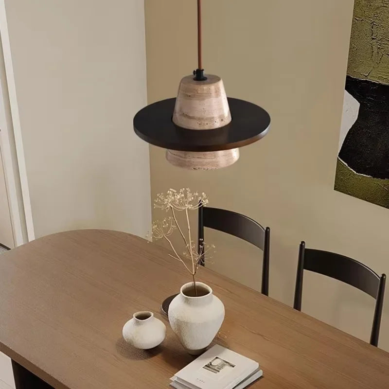 Travertine Stone Pendant Light – Japanese Minimalist Hanging Lamp for Bedroom, Dining & Cafe