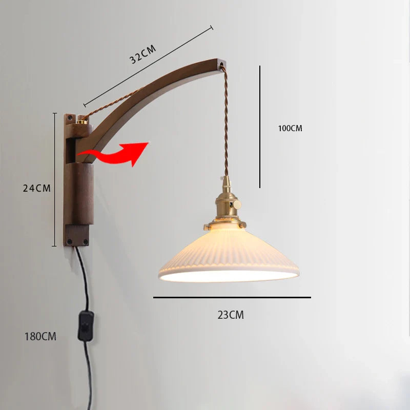 Nordic solid wood fishing wall light Master bedroom bedside light Creative walnut color living room aisle light Japanese wall li