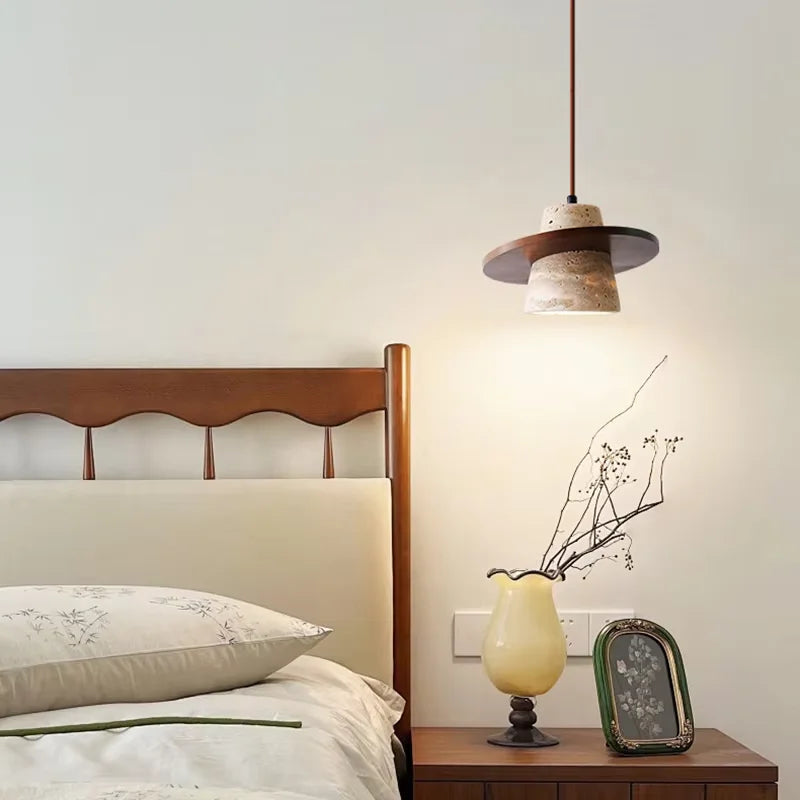 Travertine Stone Pendant Light – Japanese Minimalist Hanging Lamp for Bedroom, Dining & Cafe