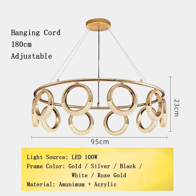 Nordic Designer Gold Ring LED Pendant Chandeliers House Decor Lighting Fixture Living Room Ceiling Hanging Lamp Circle Lustre