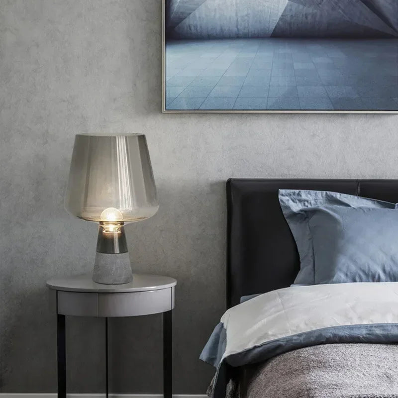 Modern Minimalist Cement Desk Lamp – LED Bedside Table Lamp with Grey Glass Shade