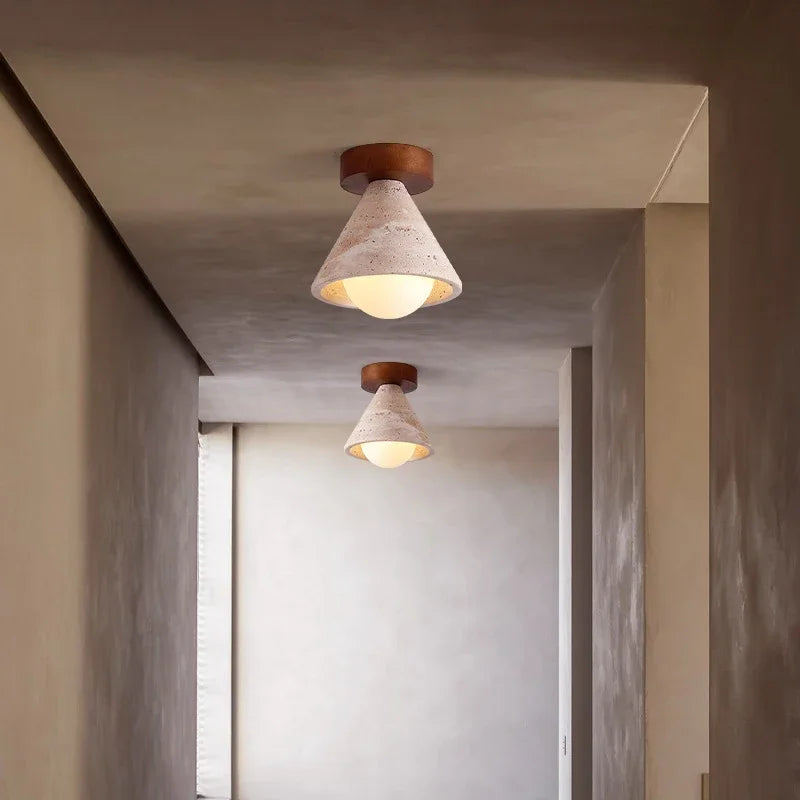 Wabi-Sabi Travertine Ceiling Light – Modern Nordic Stone LED Lamp for Bedroom & Hallway