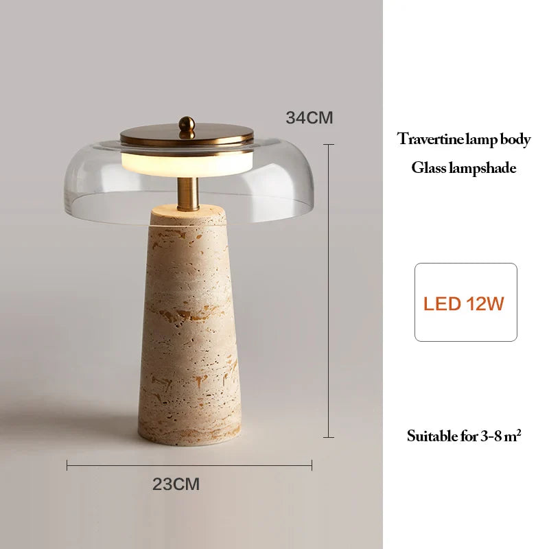 Modern Travertine Table Lamp Natural Stone LED Desk Lamp Indoor Decor Lighting Bedroom Living Room Study Matte Glass Lampshade