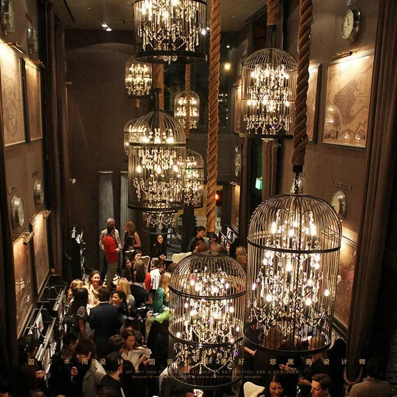 American Retro Birdcage Iron Crystal Led Pendant Lamp Restaurant Living Room Coffee Shop Creative Chandelier Home Decor Lighting