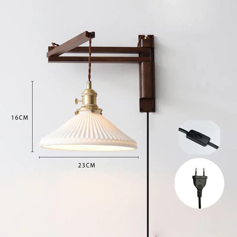Retro folding walnut color wall lamp Japanese study living room bedroom bedside lamp tea room Homestaynostalgic coffee shop lamp