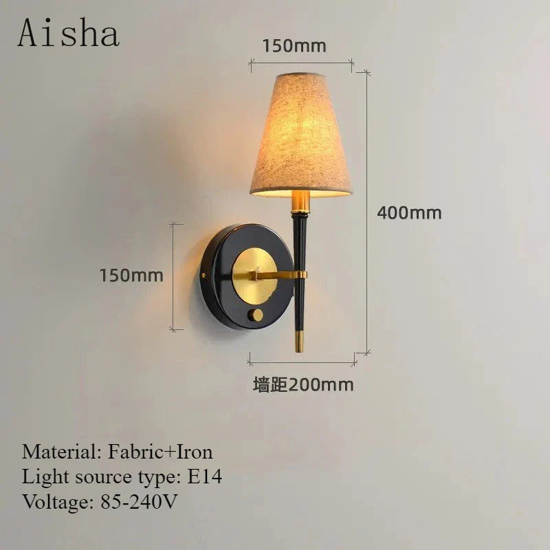 Modern Black & Gold Wall Lamp with Fabric Shade