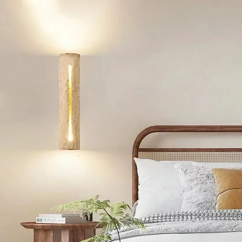 LED Wall Lamp Wabi Sabi Style Bedroom Bedside Light, Yellow Travertine Wall Light for Living Room Background Up & Down Lighting