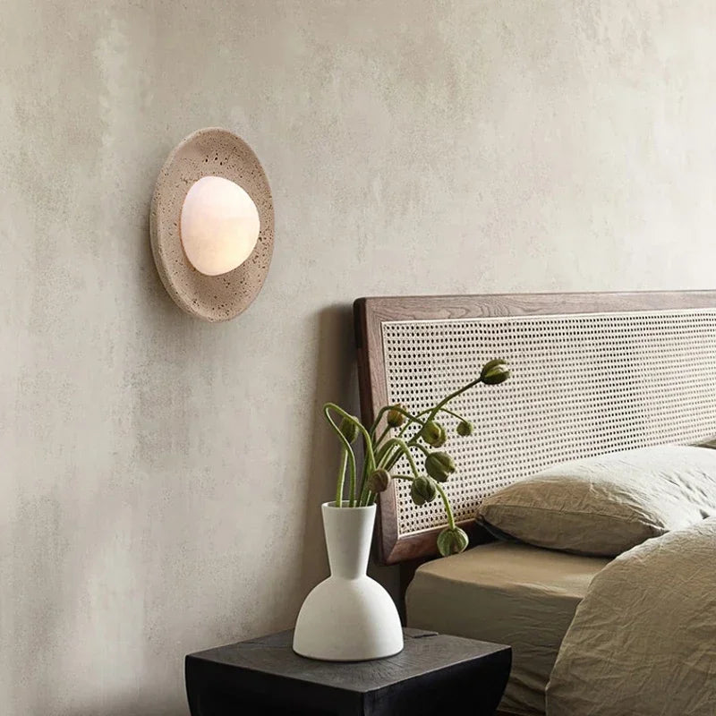 Wabi-Sabi Travertine Wall Light – Natural Stone LED Sconce for Bedroom, Hallway & Living Room