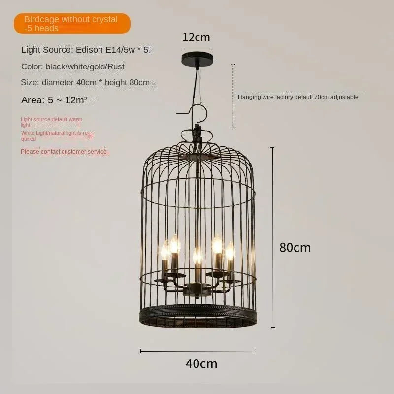 American Retro Birdcage Iron Crystal Led Pendant Lamp Restaurant Living Room Coffee Shop Creative Chandelier Home Decor Lighting