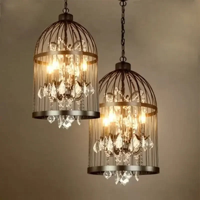 American Retro Birdcage Iron Crystal Led Pendant Lamp Restaurant Living Room Coffee Shop Creative Chandelier Home Decor Lighting