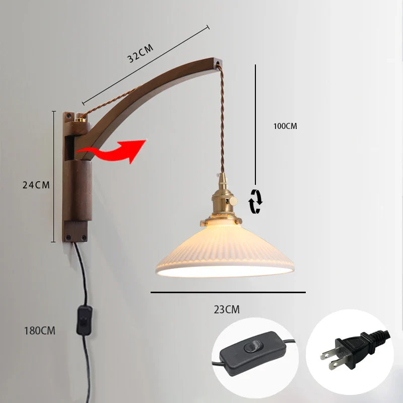 Nordic solid wood fishing wall light Master bedroom bedside light Creative walnut color living room aisle light Japanese wall li