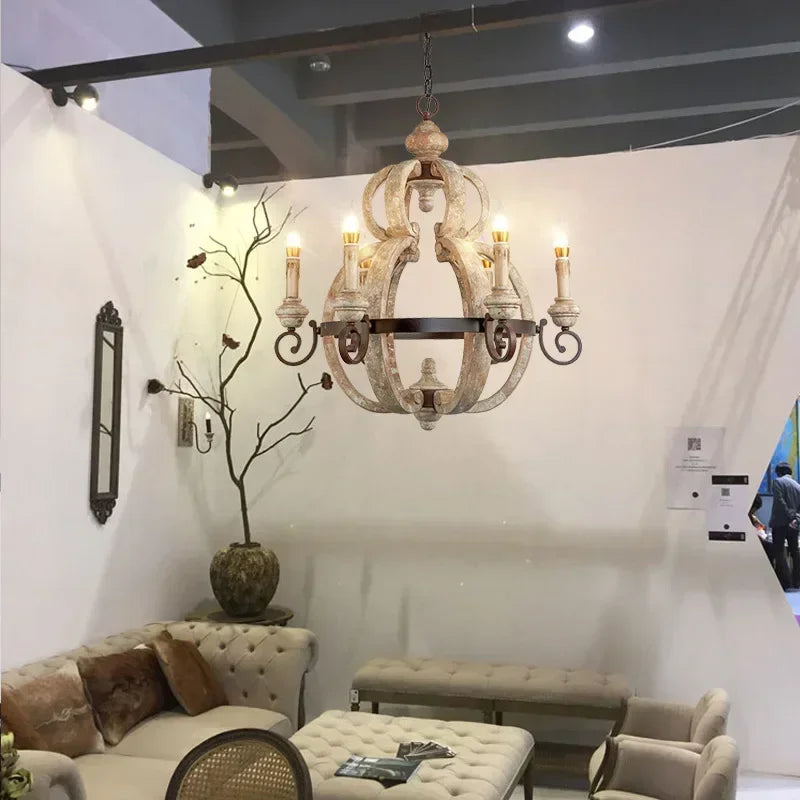 Rustic Solid Wood Chandelier – Vintage Farmhouse 6-Light Pendant Lamp