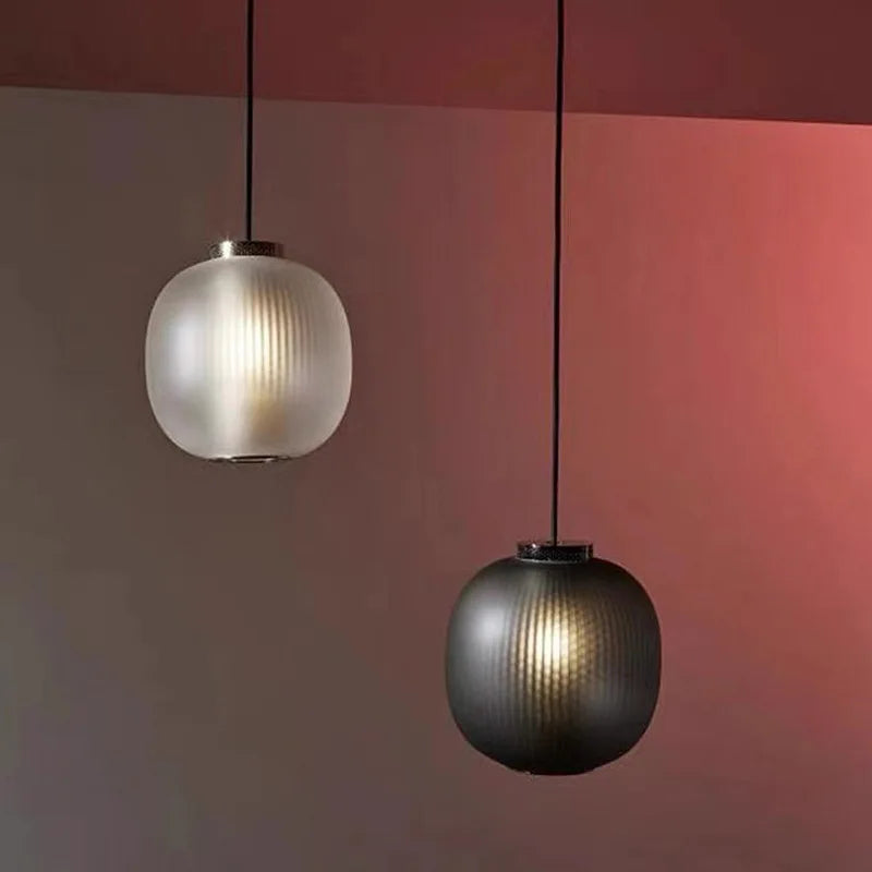 Modern Ribbed Glass Pendant Light – Matte White & Smoke Ash Hanging Lamp