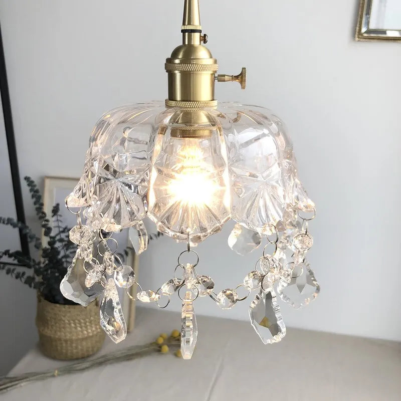 French retro brassy crystal glass chandelier light luxury bedroom bedside lamp all copper small chandelier aisle hallway light