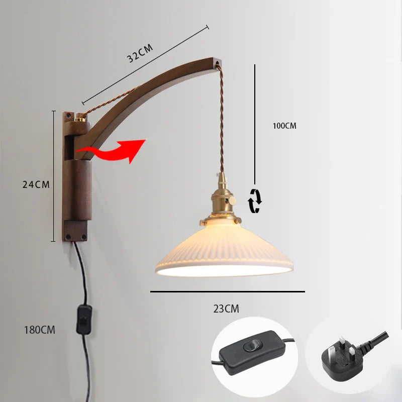 Nordic solid wood fishing wall light Master bedroom bedside light Creative walnut color living room aisle light Japanese wall li