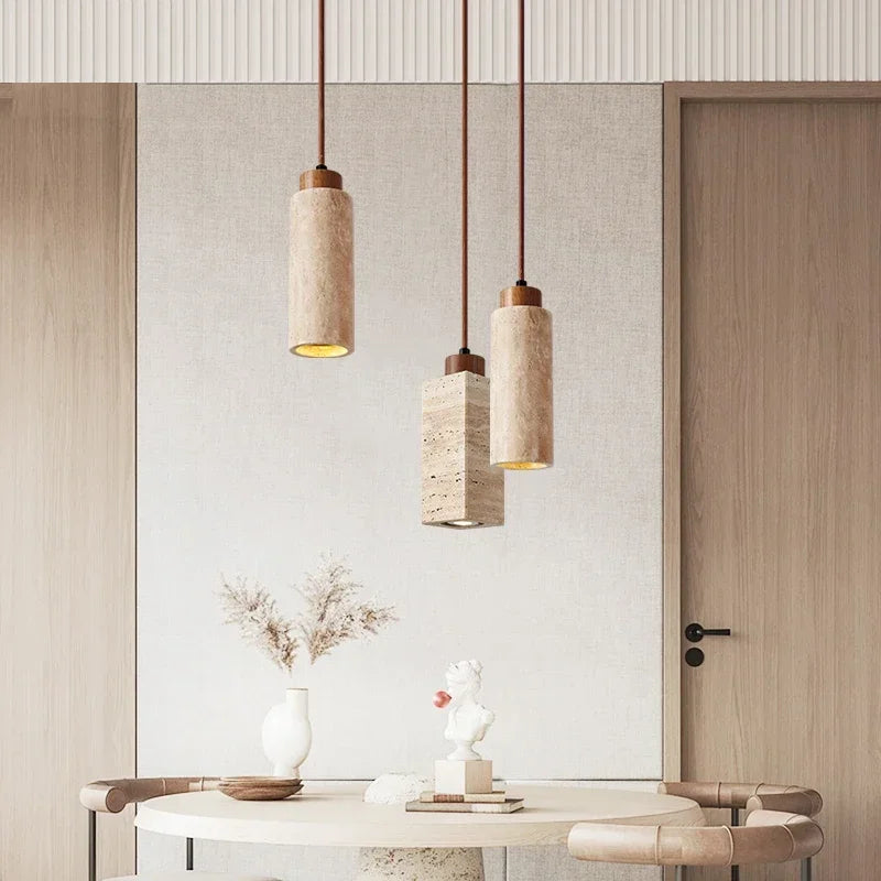 Wabi-Sabi Travertine Pendant Light – Japanese Marble Hanging Lamp
