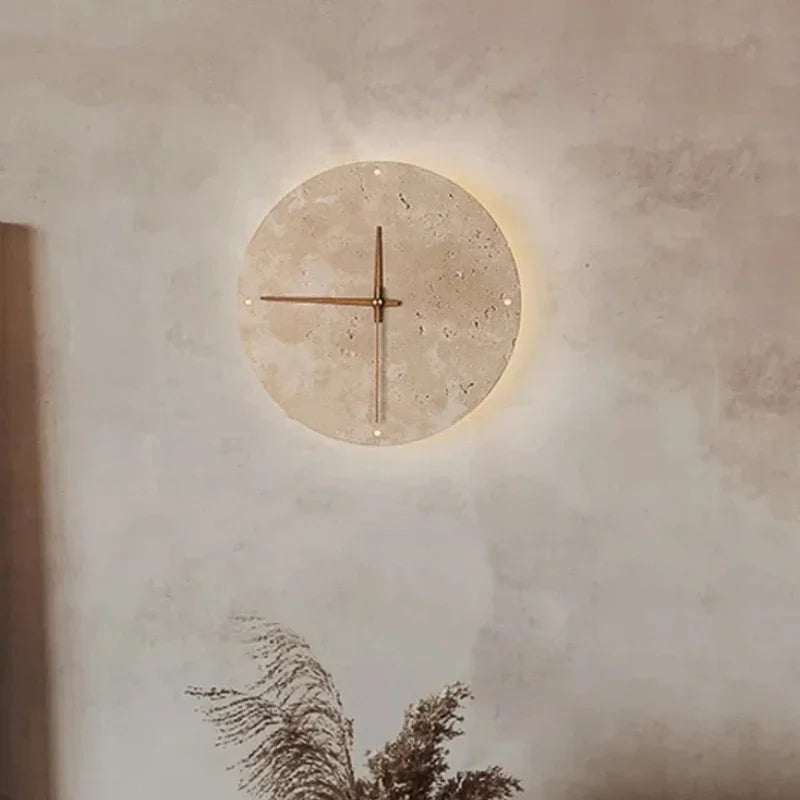 Modern Creative Clock Living Room Wabi Sabi Wall Lamp Nordic Simple Yellow Travertine Restaurant Corridor Circular Sconce Light