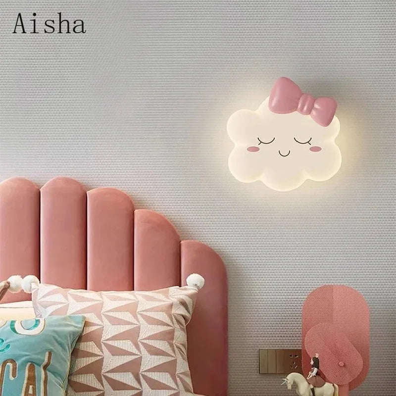 Cute Children's Room Wall Lamps with Pink Bow Cloud Lamp Modern Romantic Princess Room Nursery Girl Bedroom Bedside Sconces