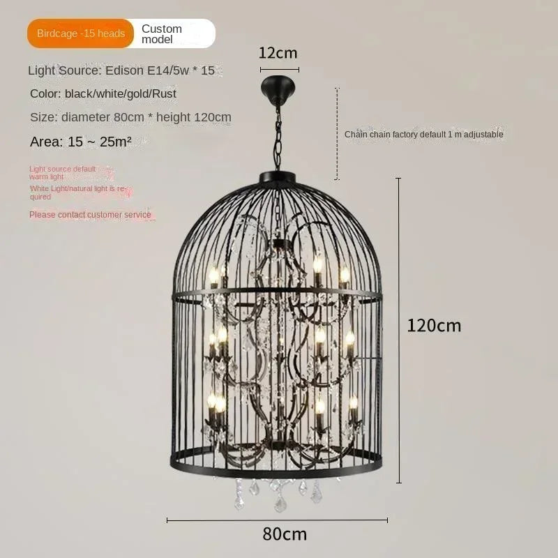 American Retro Birdcage Iron Crystal Led Pendant Lamp Restaurant Living Room Coffee Shop Creative Chandelier Home Decor Lighting