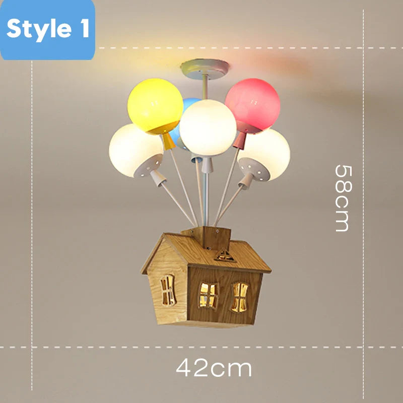 Kids Balloon House Chandelier – Colorful Wooden Ceiling Light for Children’s Room