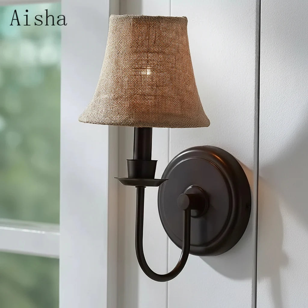 Rustic Black Wall Light with Fabric Shade – Vintage Style E14 Wall Lamp