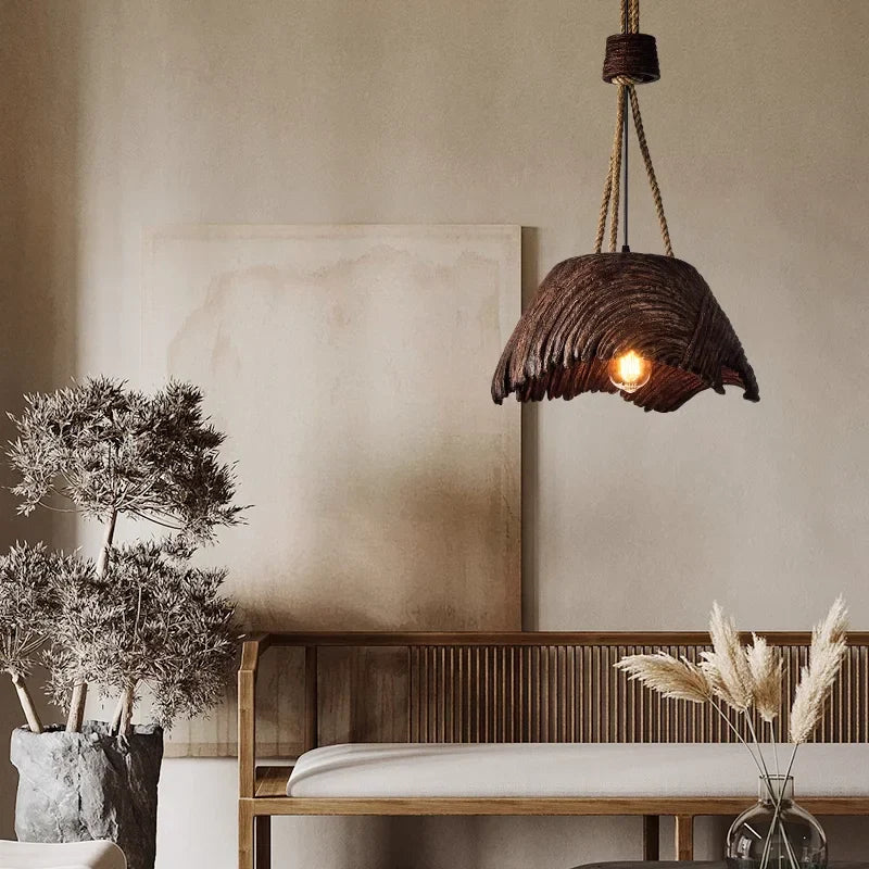 Rustic Wabi Sabi Hemp Rope Pendant Light – Vintage Hanging Lamp for Dining Room & Bar