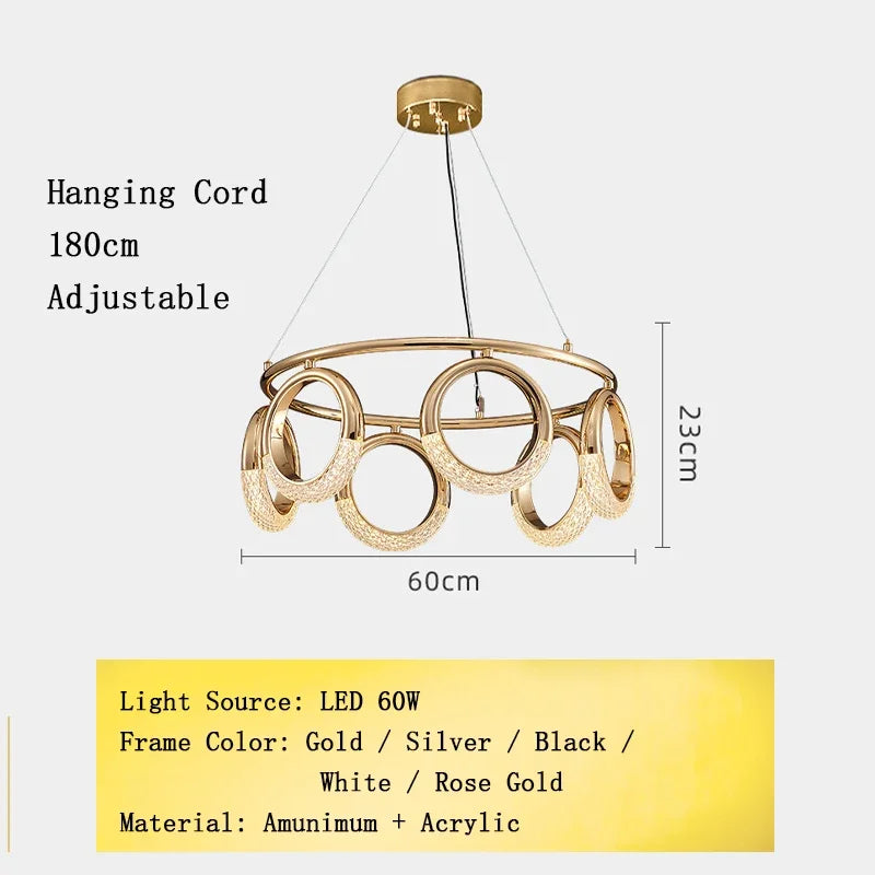 Nordic Designer Gold Ring LED Pendant Chandeliers House Decor Lighting Fixture Living Room Ceiling Hanging Lamp Circle Lustre