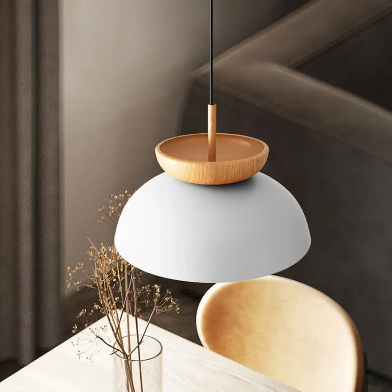 Nordic Wood & Metal Pendant Light – Modern Dome Hanging Lamp