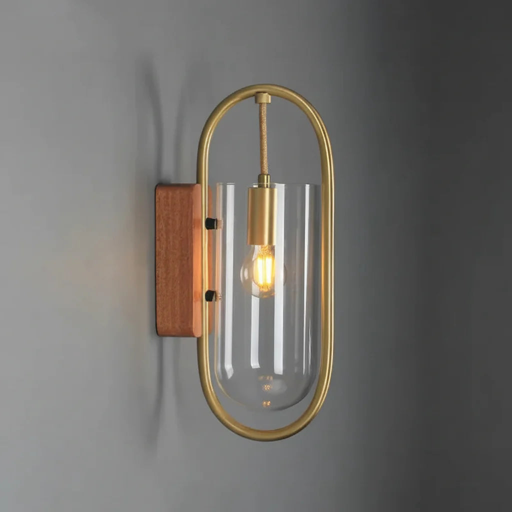 Vintage Ring Glass Wooden Chassis 1-Light Wall Sconce Lamp