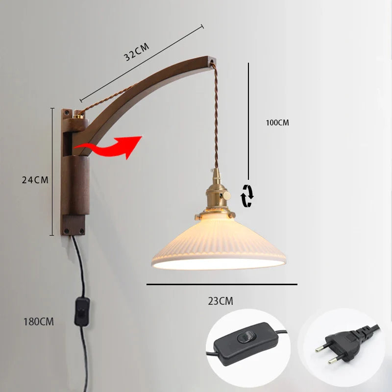 Nordic solid wood fishing wall light Master bedroom bedside light Creative walnut color living room aisle light Japanese wall li