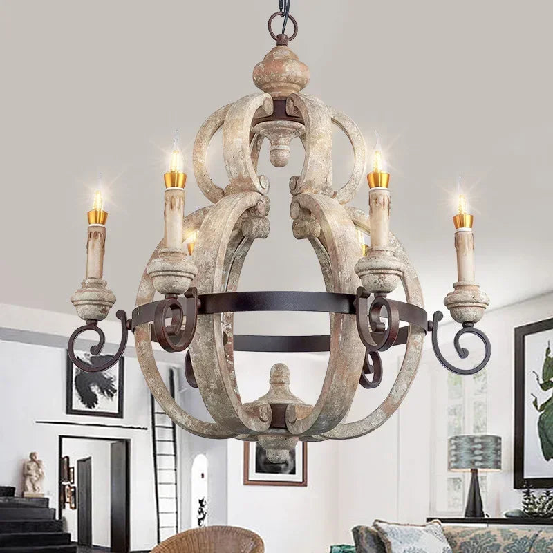 Rustic Solid Wood Chandelier – Vintage Farmhouse 6-Light Pendant Lamp