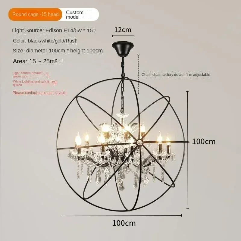 American Retro Birdcage Iron Crystal Led Pendant Lamp Restaurant Living Room Coffee Shop Creative Chandelier Home Decor Lighting
