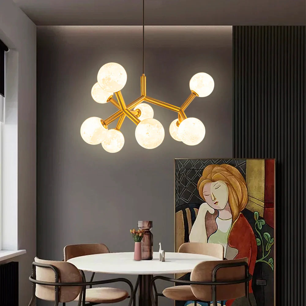 Nordic Planet Chandelier Moon Glass Ball Light – Modern LED Ceiling Pendant