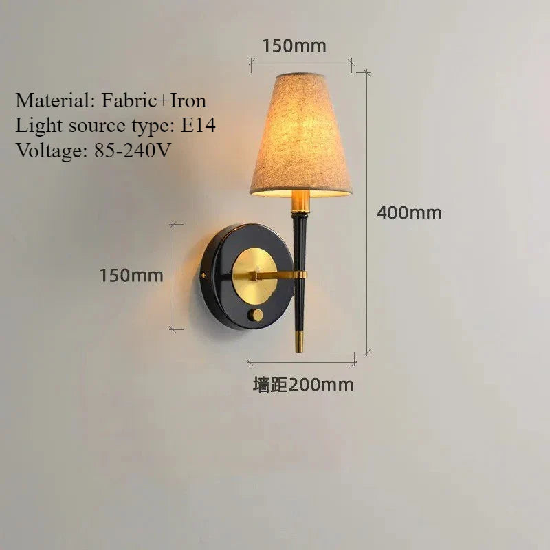 Modern Black & Gold Wall Lamp with Fabric Shade