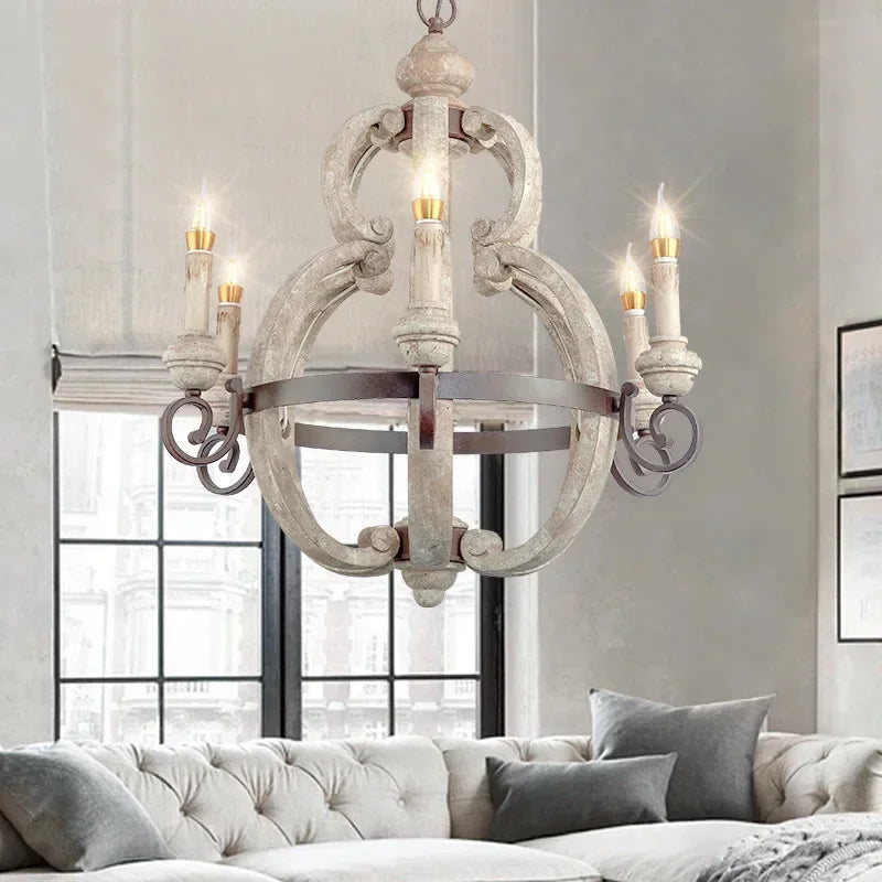 Rustic Solid Wood Chandelier – Vintage Farmhouse 6-Light Pendant Lamp