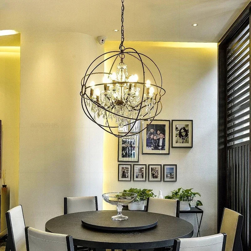 American Retro Birdcage Iron Crystal Led Pendant Lamp Restaurant Living Room Coffee Shop Creative Chandelier Home Decor Lighting