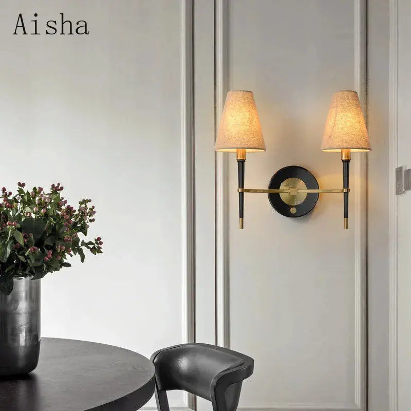 Modern Black & Gold Wall Lamp with Fabric Shade