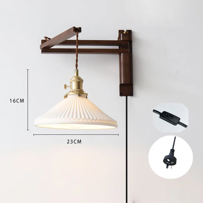Retro folding walnut color wall lamp Japanese study living room bedroom bedside lamp tea room Homestaynostalgic coffee shop lamp