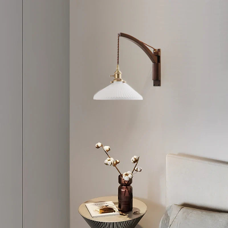 Nordic solid wood fishing wall light Master bedroom bedside light Creative walnut color living room aisle light Japanese wall li