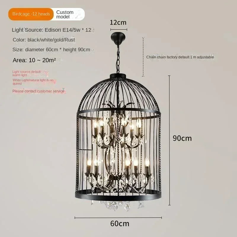 American Retro Birdcage Iron Crystal Led Pendant Lamp Restaurant Living Room Coffee Shop Creative Chandelier Home Decor Lighting