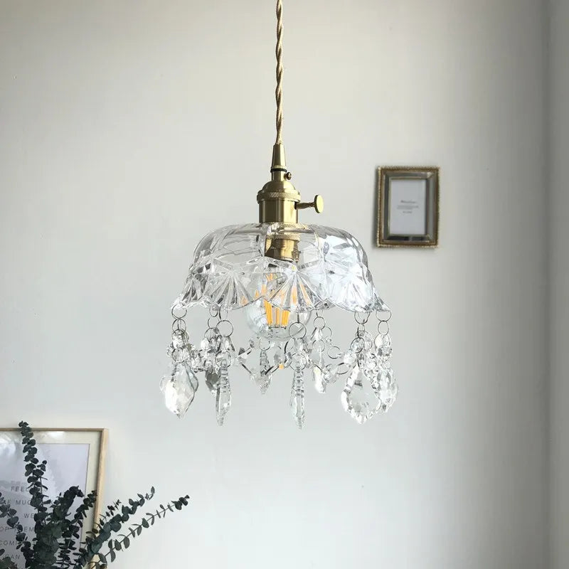 French retro brassy crystal glass chandelier light luxury bedroom bedside lamp all copper small chandelier aisle hallway light