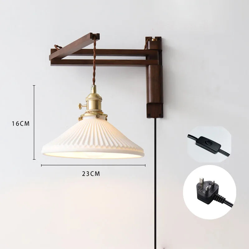 Retro folding walnut color wall lamp Japanese study living room bedroom bedside lamp tea room Homestaynostalgic coffee shop lamp