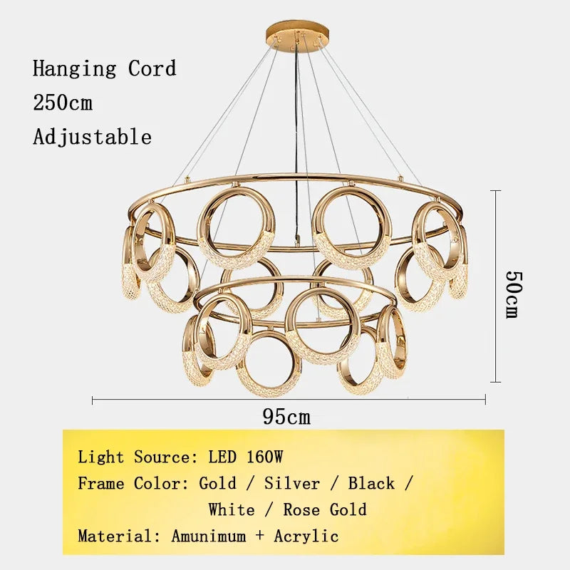 Nordic Designer Gold Ring LED Pendant Chandeliers House Decor Lighting Fixture Living Room Ceiling Hanging Lamp Circle Lustre
