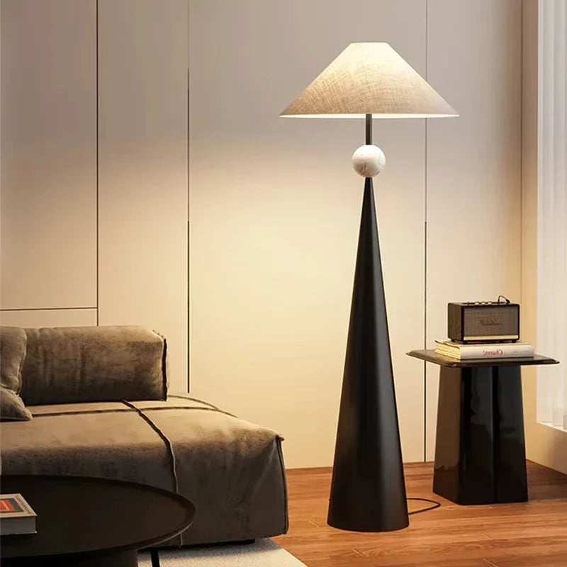 Mid-Century Wabi Sabi Walnut Floor Lamp – Minimalist Fabric Shade Standing Light