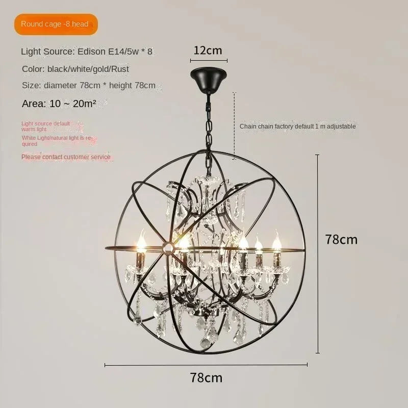American Retro Birdcage Iron Crystal Led Pendant Lamp Restaurant Living Room Coffee Shop Creative Chandelier Home Decor Lighting