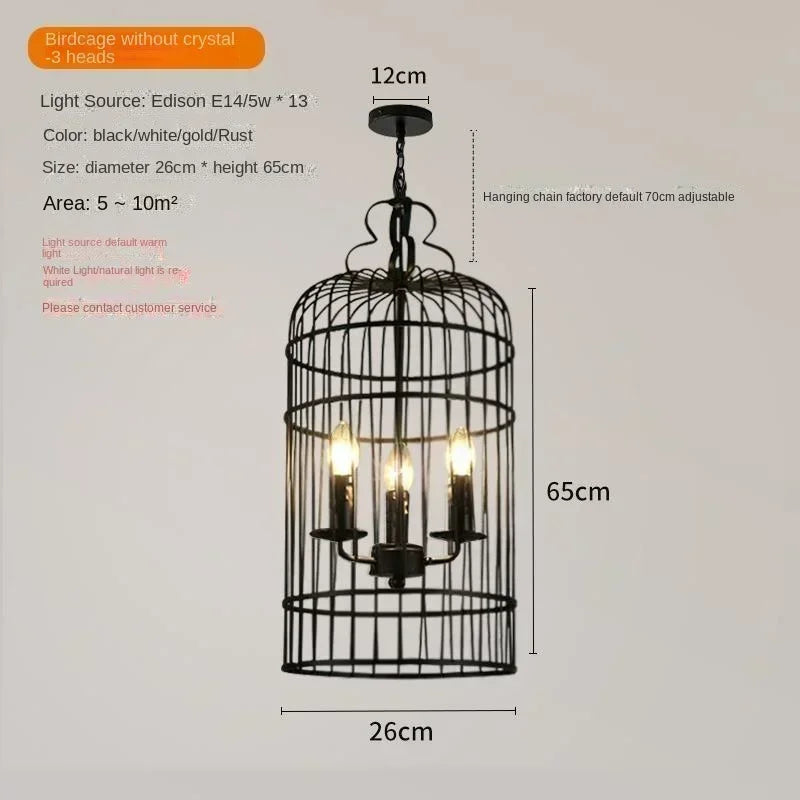 American Retro Birdcage Iron Crystal Led Pendant Lamp Restaurant Living Room Coffee Shop Creative Chandelier Home Decor Lighting