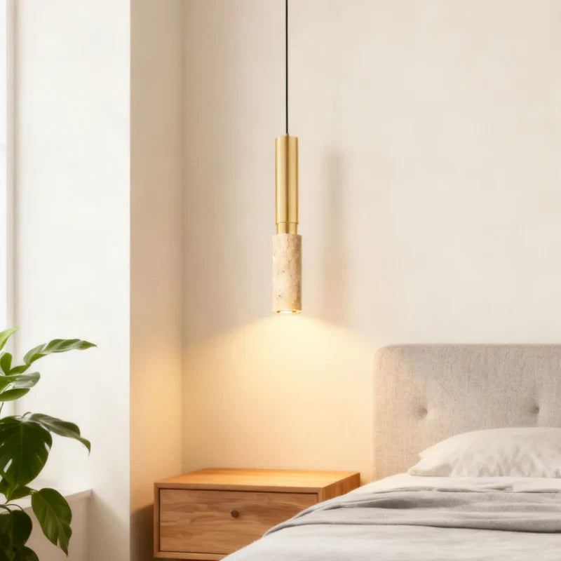 Modern Travertine Pendant Light – Stone & Gold LED Hanging Lamp