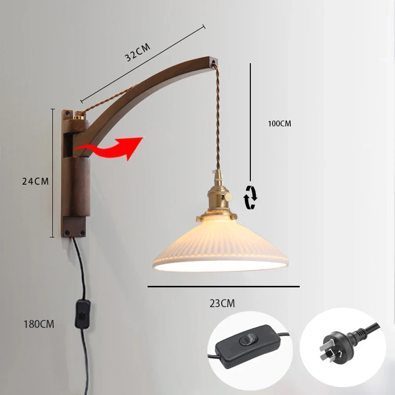 Nordic solid wood fishing wall light Master bedroom bedside light Creative walnut color living room aisle light Japanese wall li